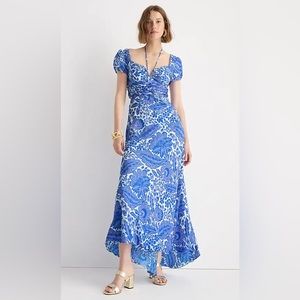 I crew maxi dress blue and white NWT occasion satin puff sleeve